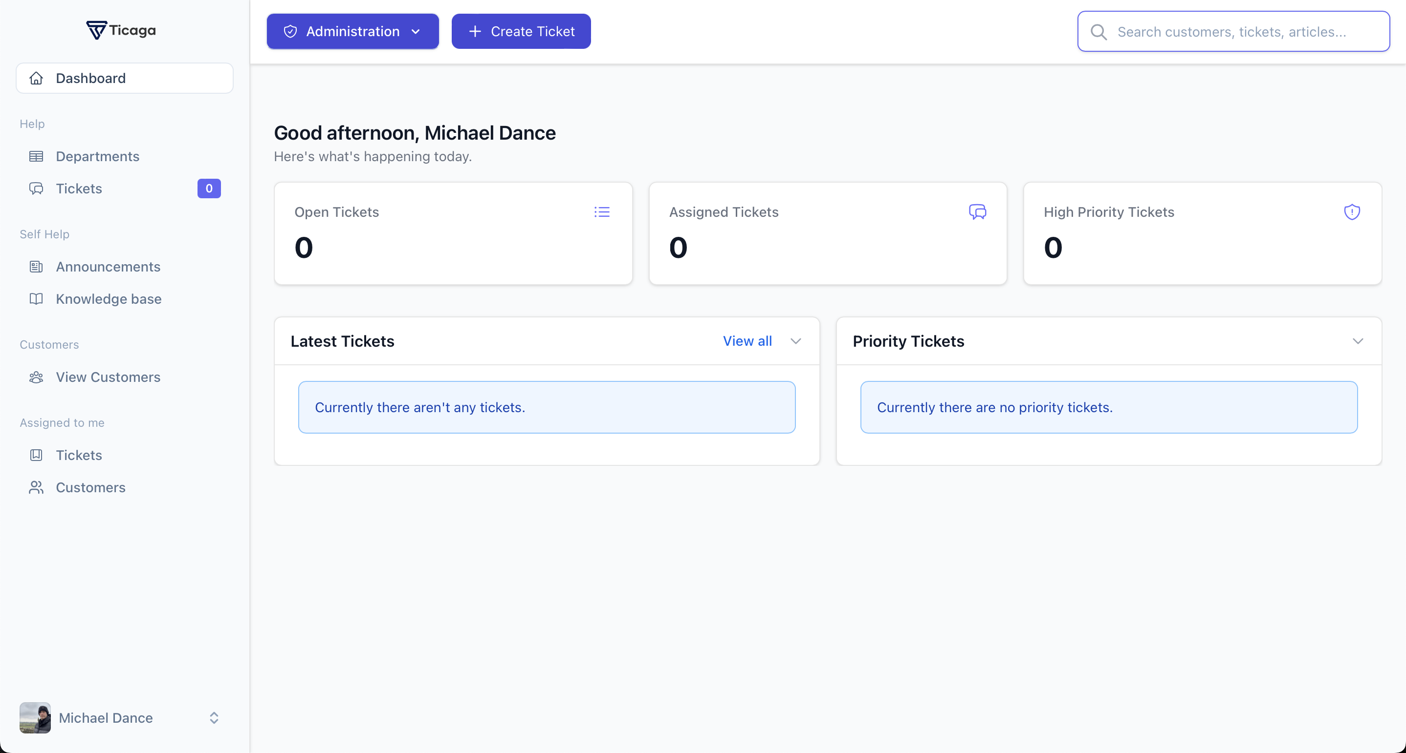 Ticaga dashboard showing ticket activity and priorities