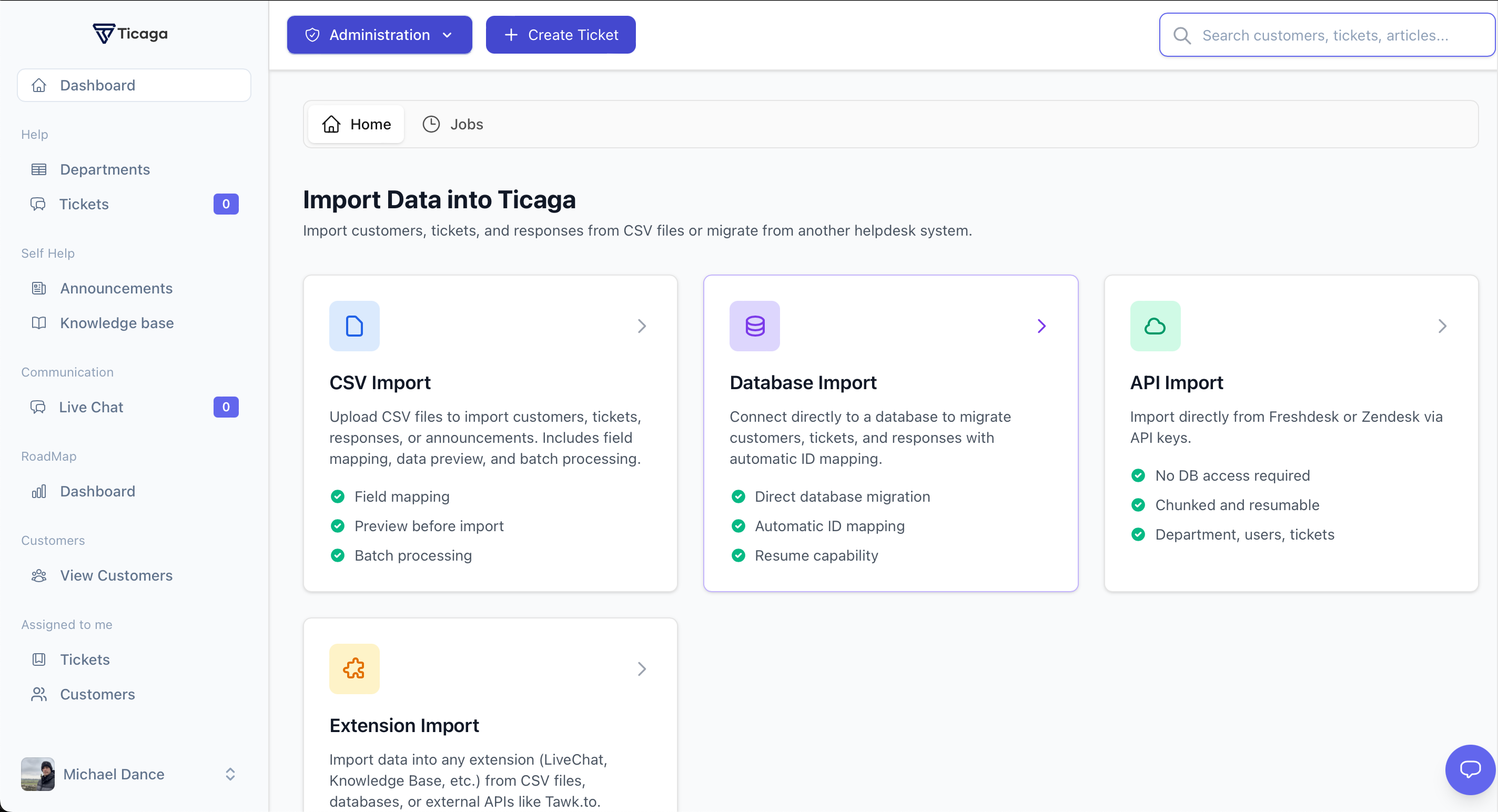 Ticaga importer showing CSV, database, API and extension import options