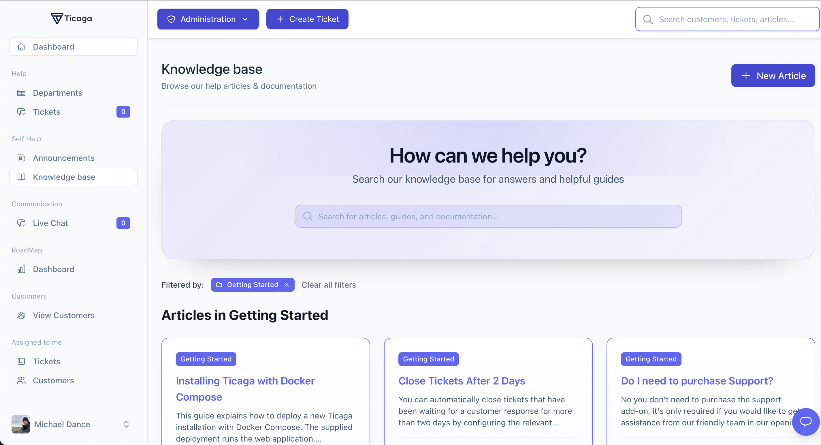 Ticaga knowledge base with search and Getting Started articles
