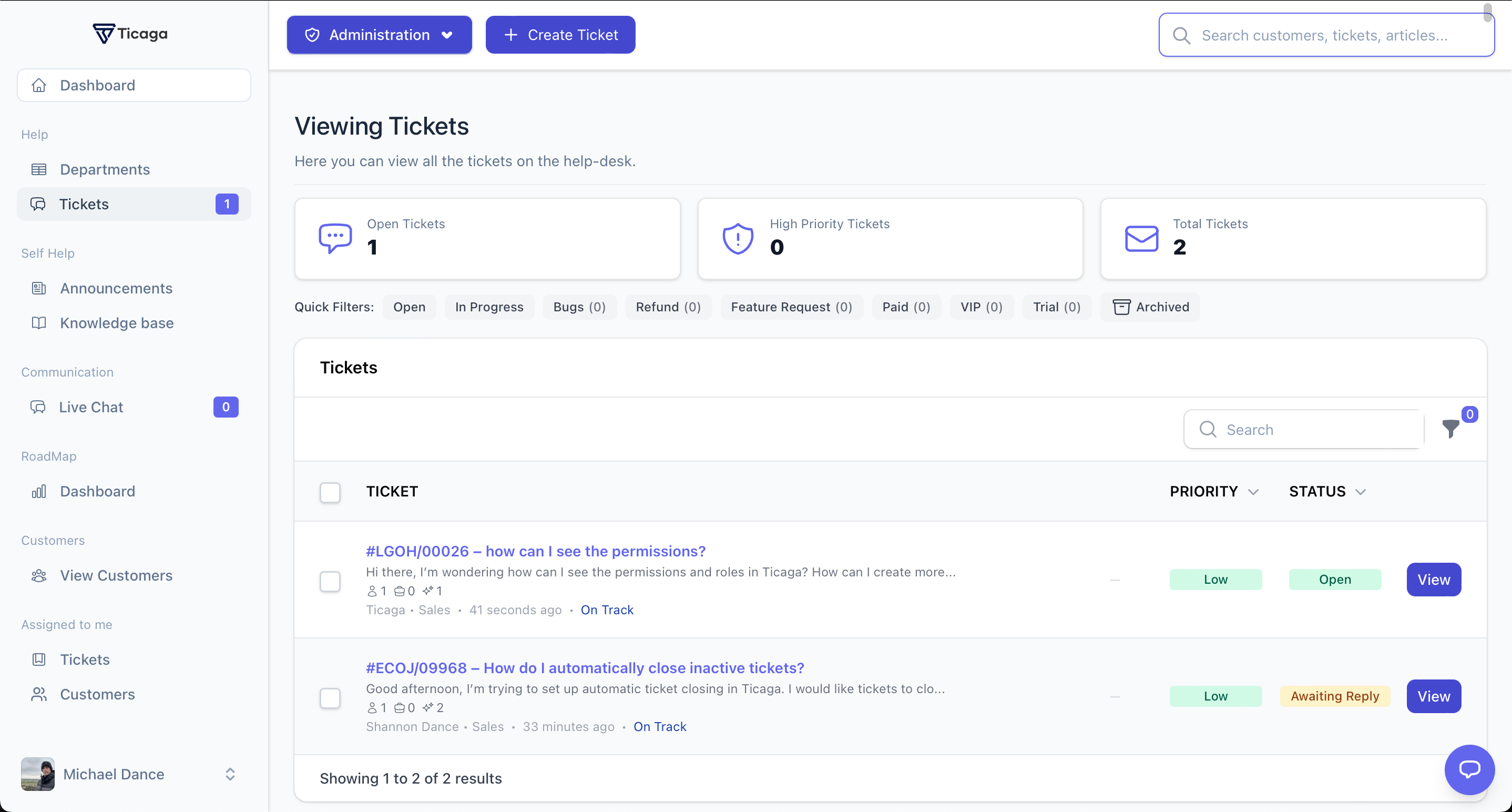 Ticaga ticket inbox showing active requests, priorities and status