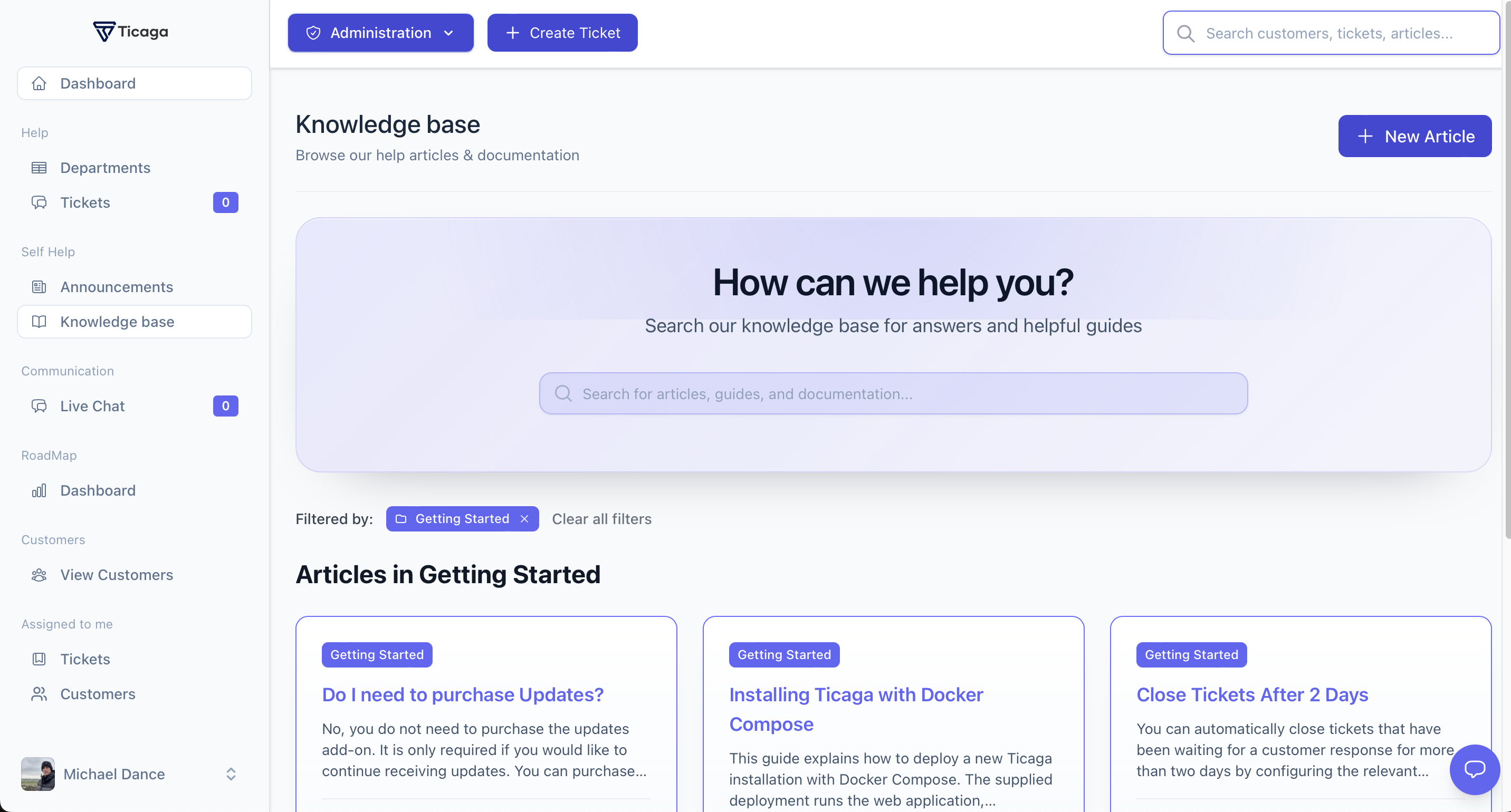 Knowledge Base article management screen showing search, category filtering, article cards, and the new article action