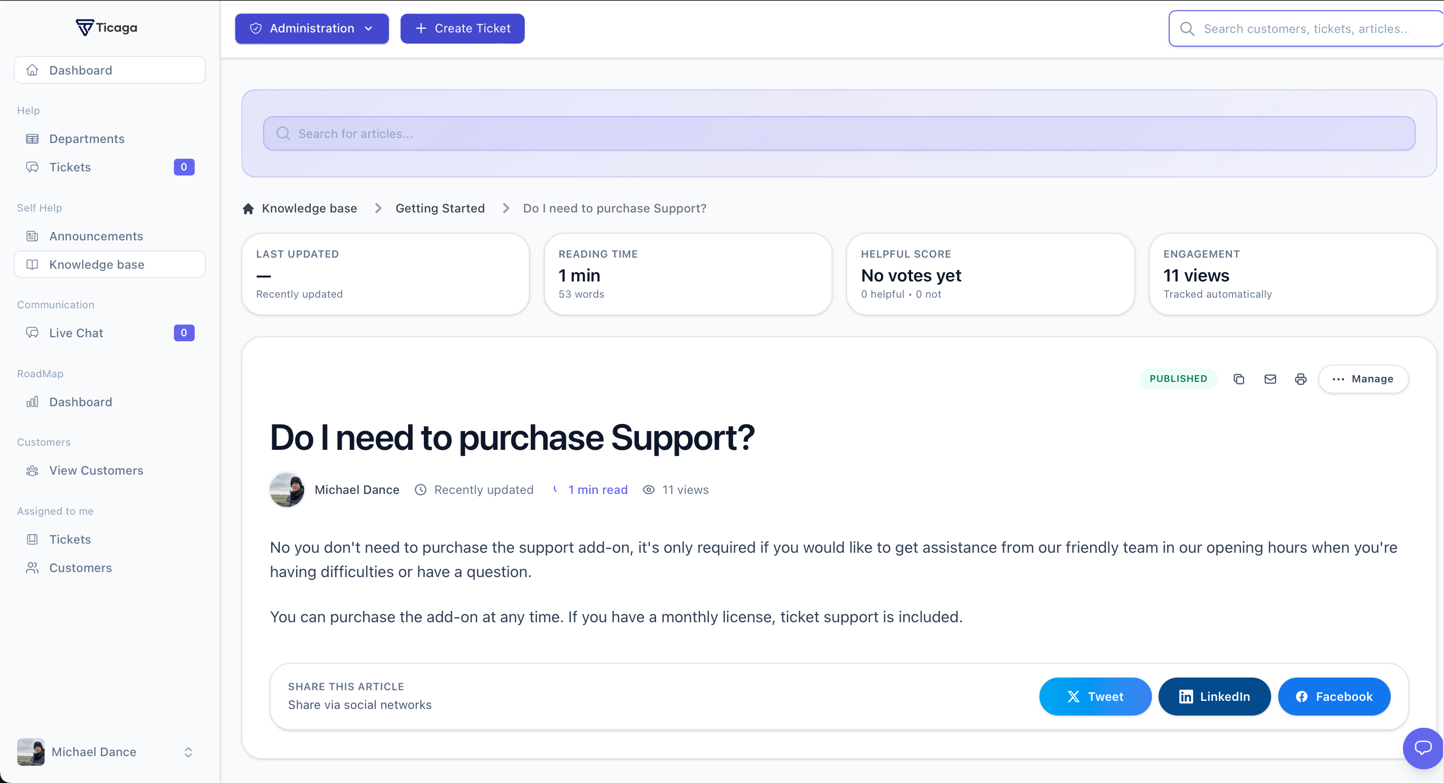 Ticaga knowledge base article showing helpful score and engagement metrics