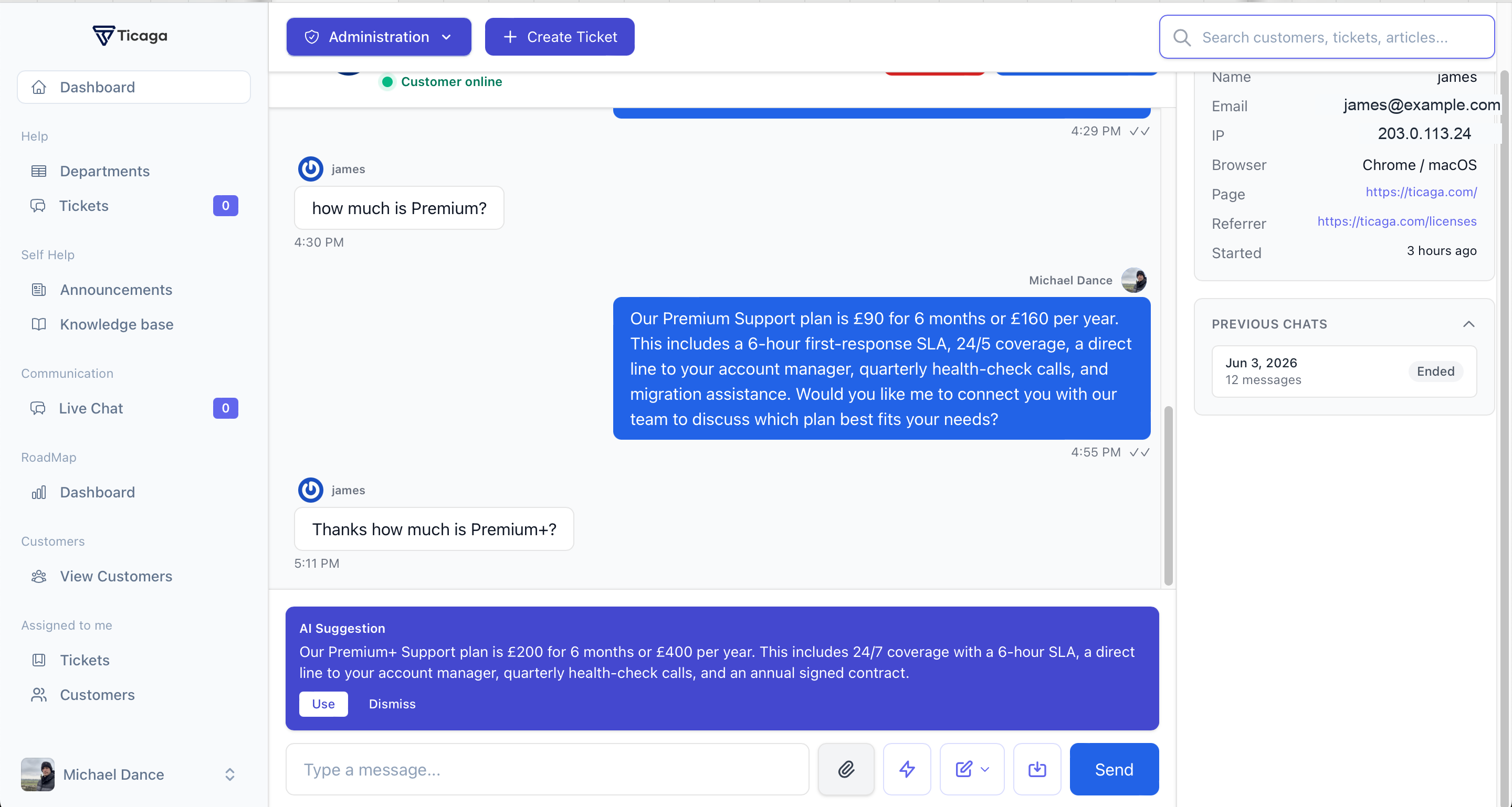 Live Chat agent inbox showing an active conversation with a customer, visitor details panel, and agent controls