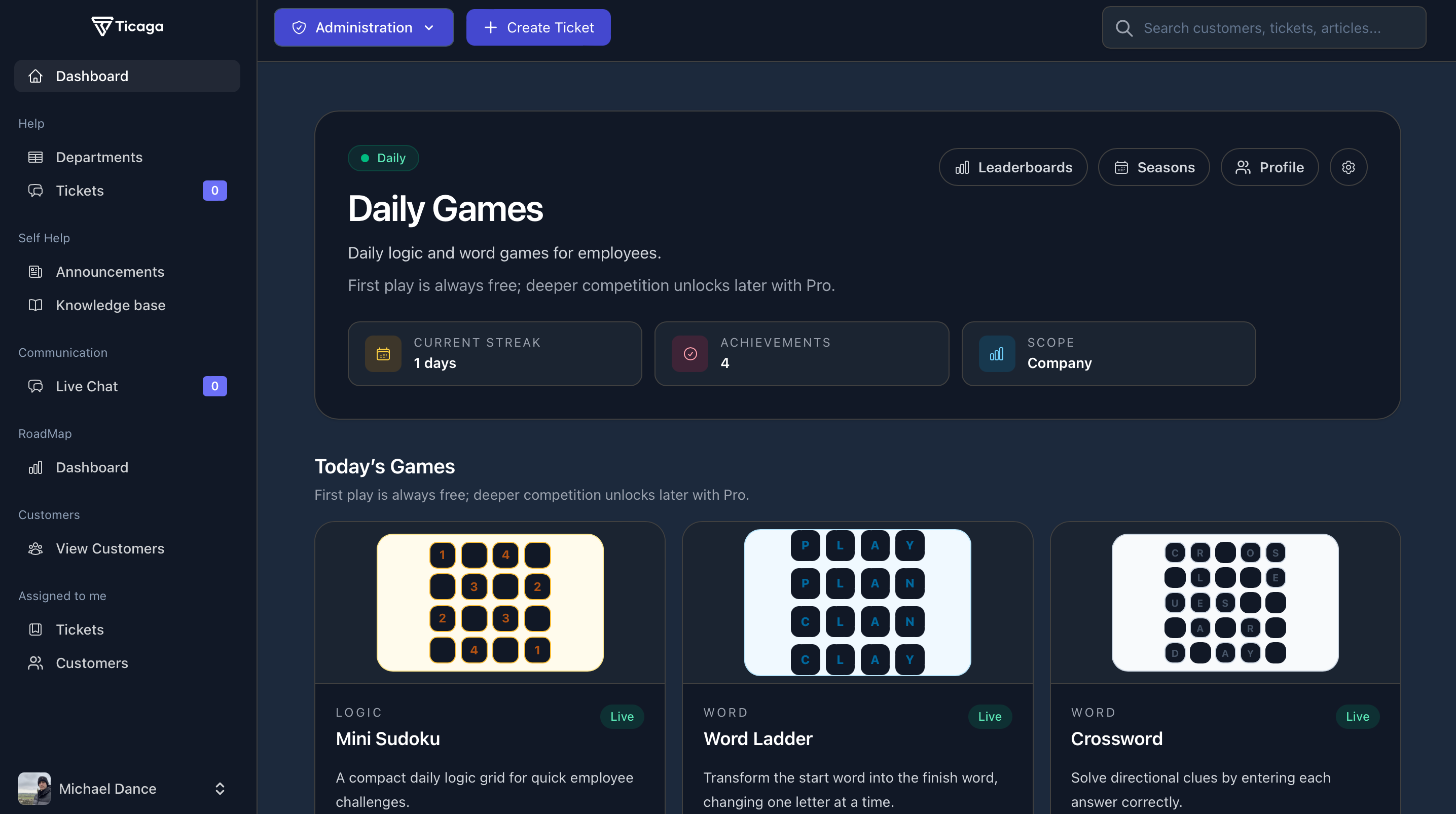 Ticaga Playgrounds Daily Games hub showing daily game cards, current streak, achievements, and leaderboard scope