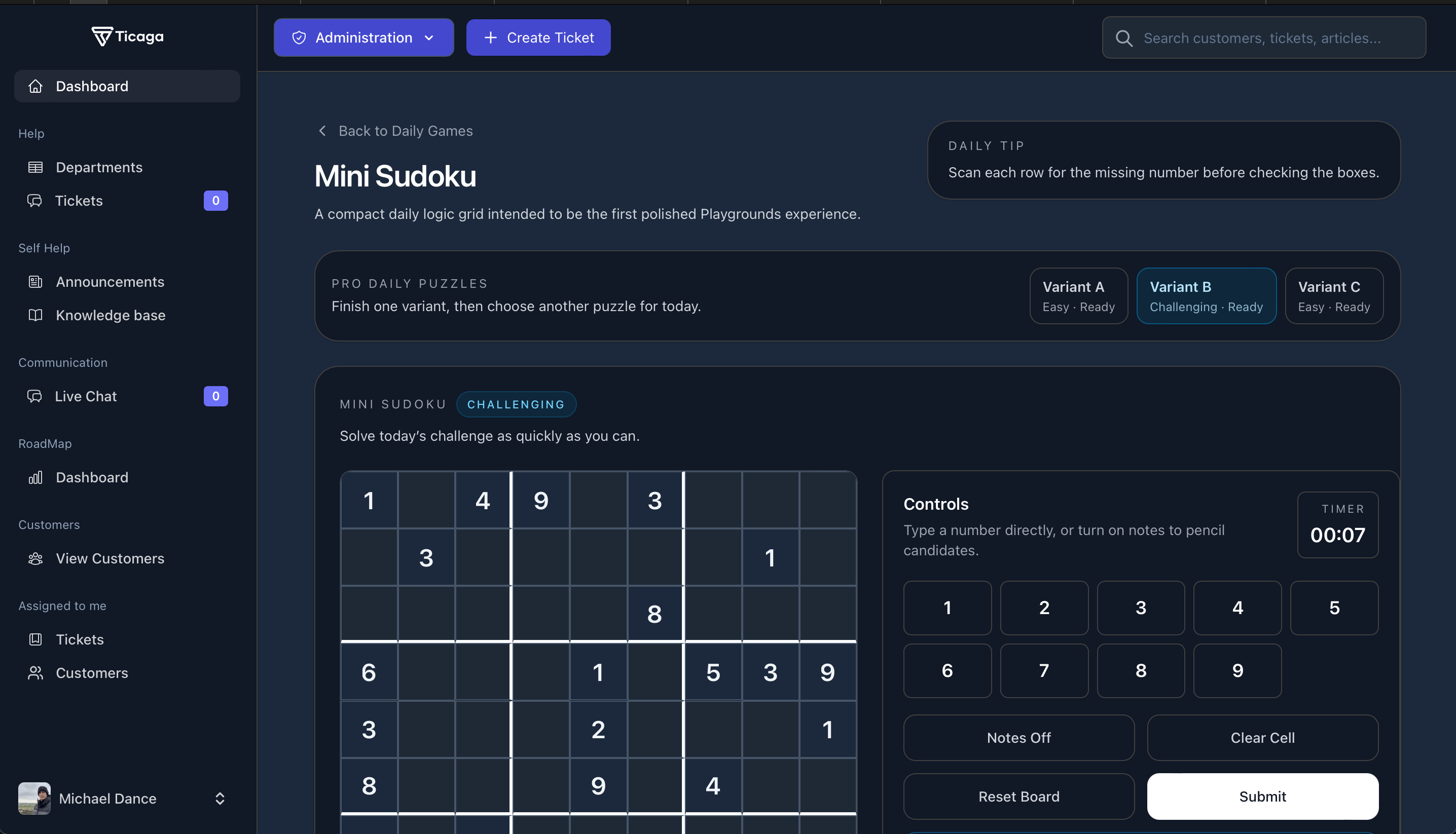 Mini Sudoku in Ticaga Playgrounds with a puzzle board, timer, number controls, and submit actions