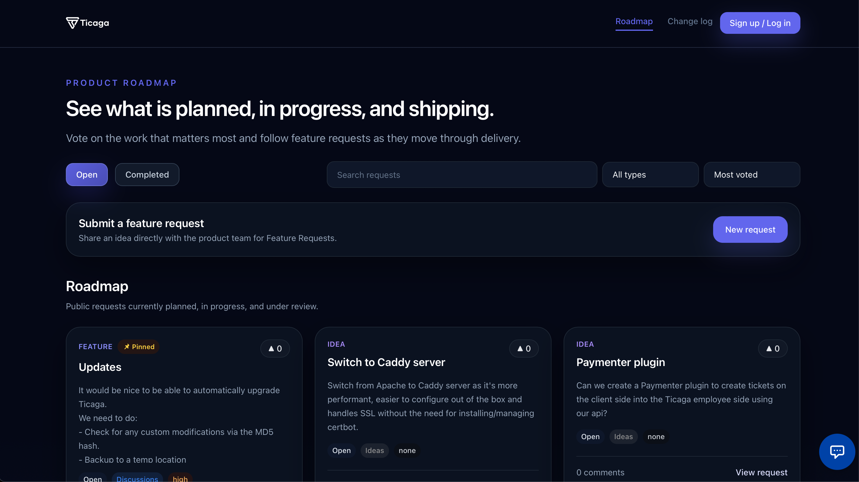 Public Roadmap voting board showing feature requests, vote counts, statuses, and filters