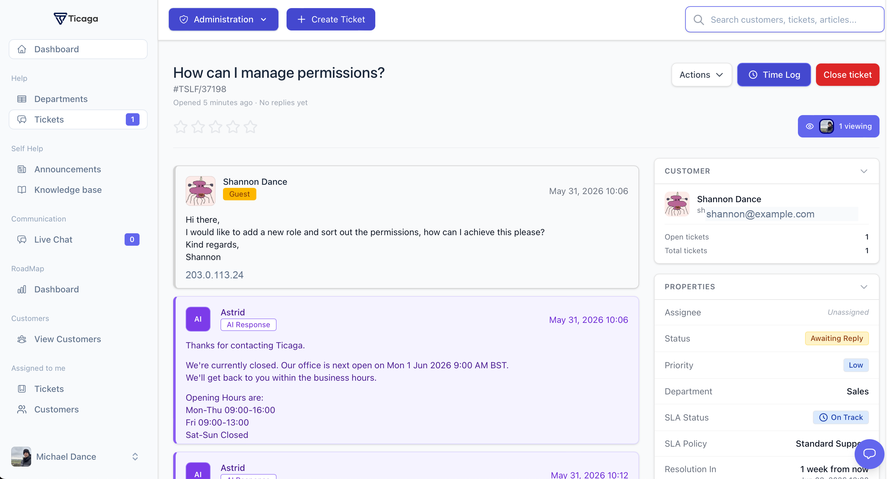 Ticket view showing SLA status, SLA policy, and resolution deadline in the ticket sidebar