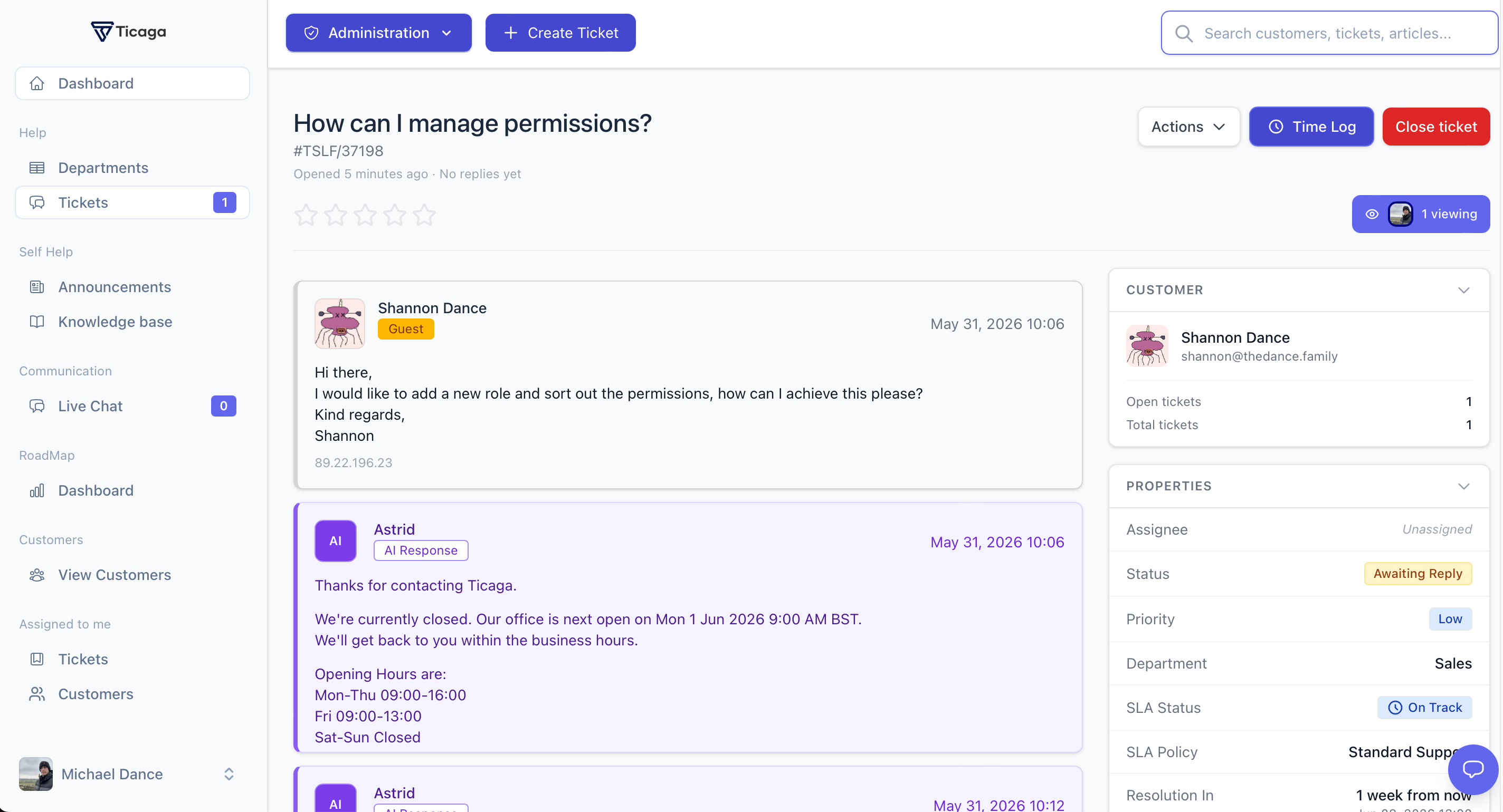 Ticket View showing the customer conversation, AI responses, assignment status, priority, department, SLA status, and resolution timer